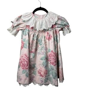VTG Ceil Ainsworth Girls SZ 4 80s 90s Dress Pink Ruffle Floral Collar Lace USA